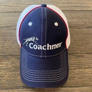 Vintage Coachmen RV Trucker Hat Strap Back Mesh Blue White Dalmatian Dog Logo
